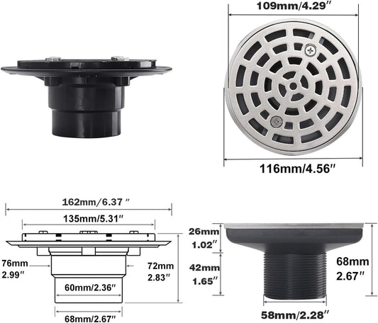 RANDOM Round Shower Drain Brushed Nickel 4 Inch Shower Drain with Adjustable PVC Base Flange,SUS304 Stainless Steel Bathroom Shower Floor Drain with Removable Grid Cover Grate.98768BN-S