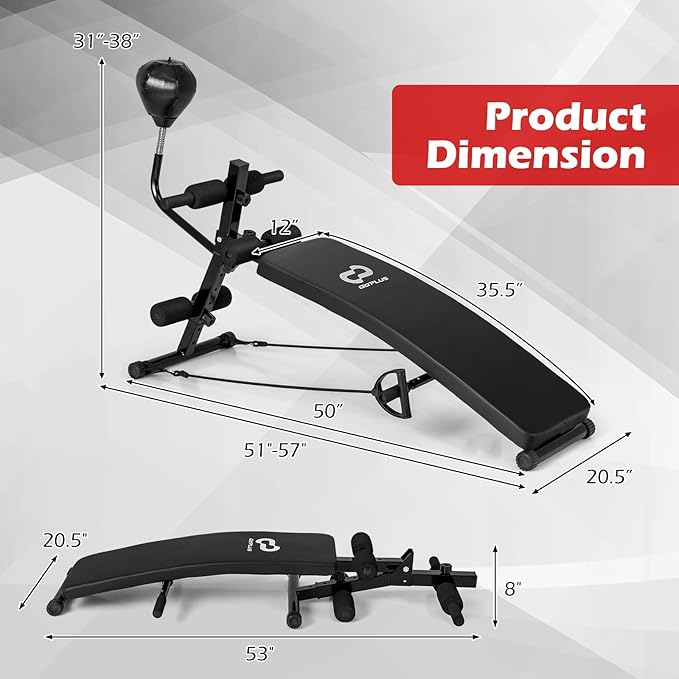 Goplus Adjustable Decline Sit Up Bench for Exercise, Foldable Curved Slant Bench with Speed Ball, Pump & 2 Resistance Bands, Heavy Duty Metal Frame, Full Body Ab Workout Equipment for Home Gym, Black