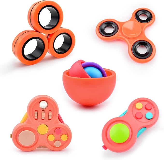 Fidget Toys Adults Pack 5Pcs,Fidget Spinner with Magnetic Rings Gyro,Fidget Controller Autism Sensory Toys,ADHD Stress Anxiety Desk Fidgets,Easter Basket Stuffers for Kids Teen Boys(OR)