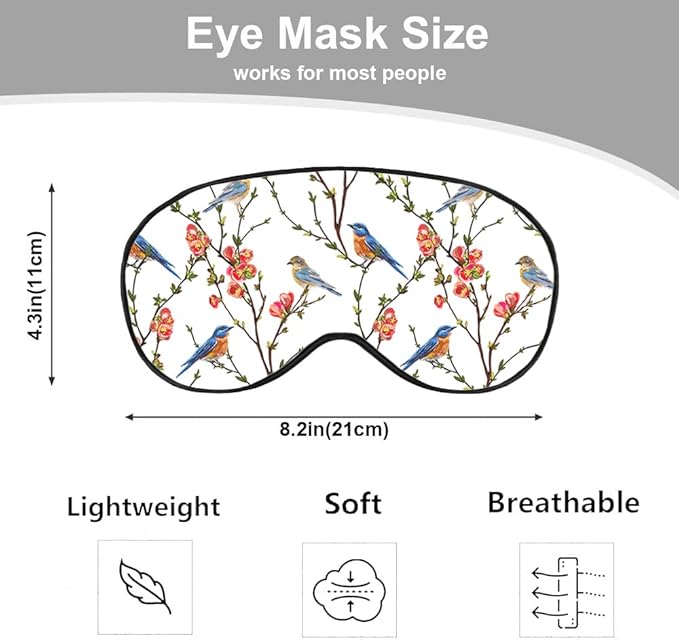 Cute Blue Birds Sleep Eye Mask Eye Cover Tree Branch Green Leaves Red Flower Silk Eye Mask for Sleeping with Adjustable Strap for Travel Nap Shift Work Office