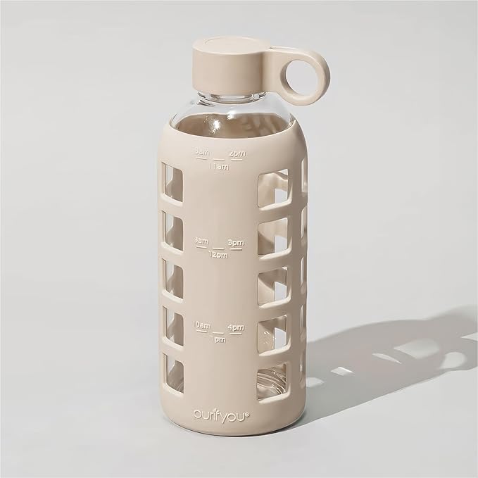 purifyou 40oz / 32oz / 22oz / 12oz Borosilicate Glass Water Bottle with Time & Volume Markers, Silicone Sleeve, Stainless Steel Lid | Reusable Glass Bottle for Water & Juice (22oz Pearled Ivory)