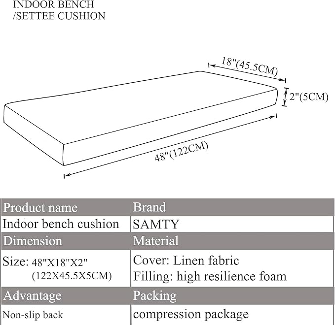Grey Bench seat Chair Pads Non-Slip Rubber Back Indoor Swing /Settee Cushion 48inX18inX2in(122X45.5X5CM)