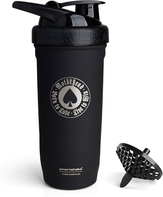 Smartshake Rockband Reforce Stainless Steel Protein Shaker Bottle 900 ml | 30 oz - Leakproof Screw-on Lid - BPA Free – Unisex (Motörhead, Born To Lose Logo, Black)