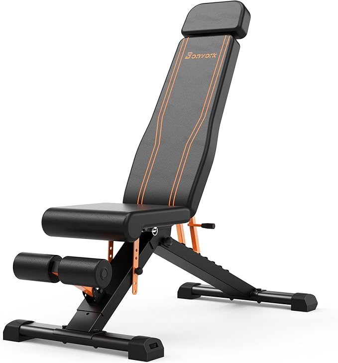 1000LBS Adjustable Weight Bench - Bonvork Foldable Workout Bench Press with 36" Extended Backrest for Home Gym Strength Training,Folding Flat Incline Bench with 80x40MM Steel for Full Body Exercise