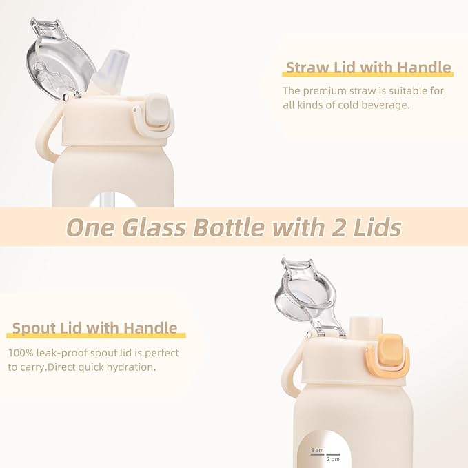 24 oz Glass Water Bottles with 2 Lids-Handle Spout Lid & Straw Lid, Motivational Water Bottle with Time Marker and Silicone Sleeve,Leakproof-White-1 Pack