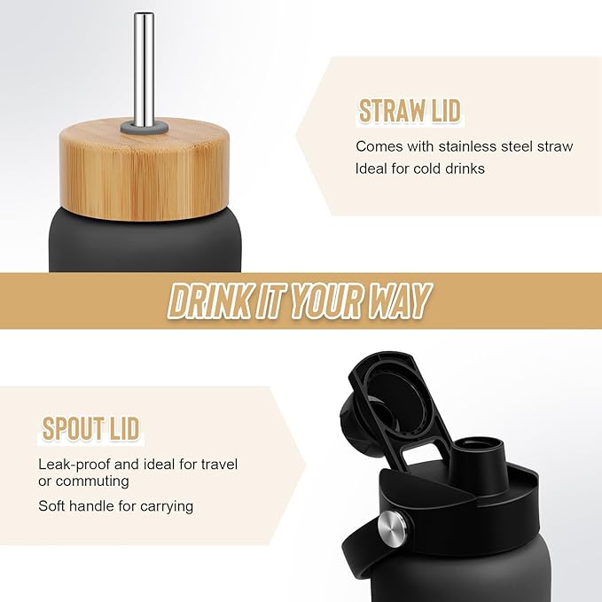 32 oz Glass Water Bottles - 1 Liter Motivational Tumbler Water Bottle Time Marker - Borosilicate Glass Water Bottle With Silicone Sleeve and 2 Lids, Handle Spout & Bamboo Straw Lid