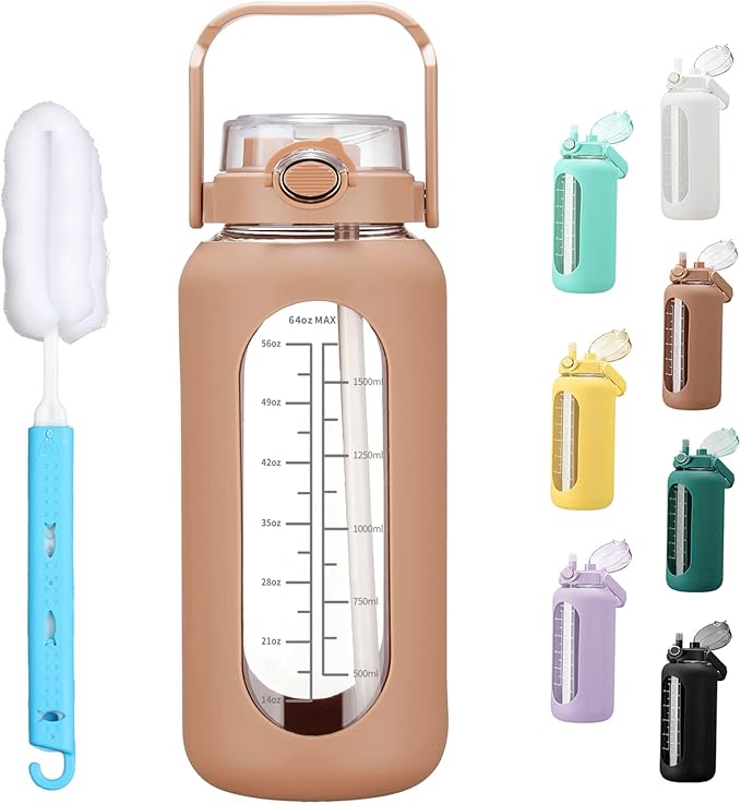 64oz Glass Water Bolttles with Straw Half Gallon Large Motivational Water Bottle with Time Marker Sports Water Bottles with Silicone Sleeve and Handle Lid Water Jug for Gym Workout