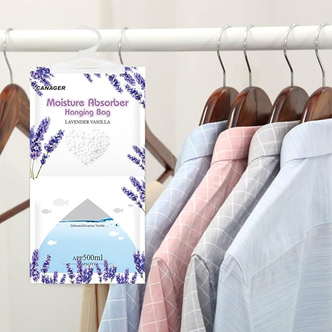 CANAGER Moisture Absorber -12 Pack,Lavender Vanilla Hanging Humidity Bag,Home,Car, and Closet Dehumidifiers and Deodorizers (12.5OZ)