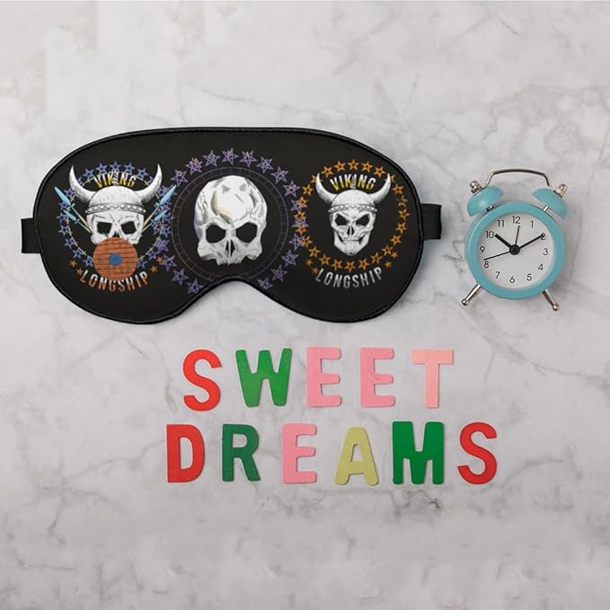 Skulls Heads Sleep Eye Mask Long Ship Pirate Stars Ring Halloween Purple Black Silk Sleeping Soft Eye Shade Cover for Men Women Boy Girl Airplane Travel with Elastic Strap