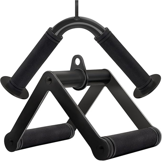 Double D Row Handle Cable Attachment for Weight Workout, Steel with Non-Slip Rubber Grip (Black)