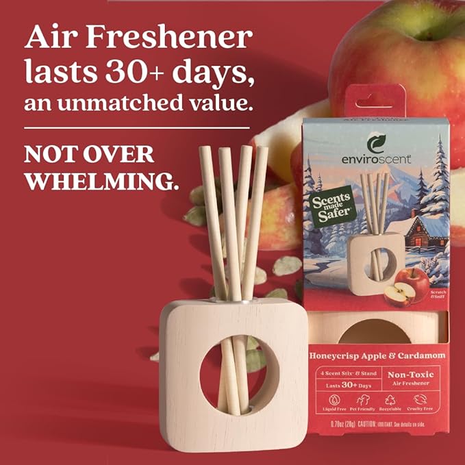 Enviroscent Air Freshener for Home (Honeycrisp Apple & Cardamom) Essential Oil Diffuser | Air Freshener + Room Freshener | Home Fragrance Last Over 30 Days | 1 Mango Wood Stand & 1 Scent Stix Refill