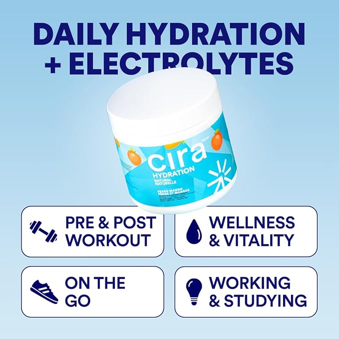 Cira Hydration Powder (45 Servings) - Natural Electrolyte Powder & Drink Mix, Naturally Flavored & Sweetened with Stevia & Himalayan Salt - Peach Mango