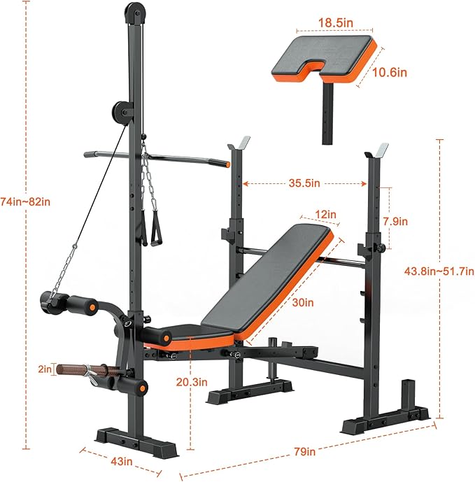 Fostoy Weight Bench, 770lbs Bench Press With Squat Rack, Adjustable Weight Benches for Home Gym, Olympic Workout Bench for Full Body Fitness, Flat Incline Bench With Removable Foot Catch
