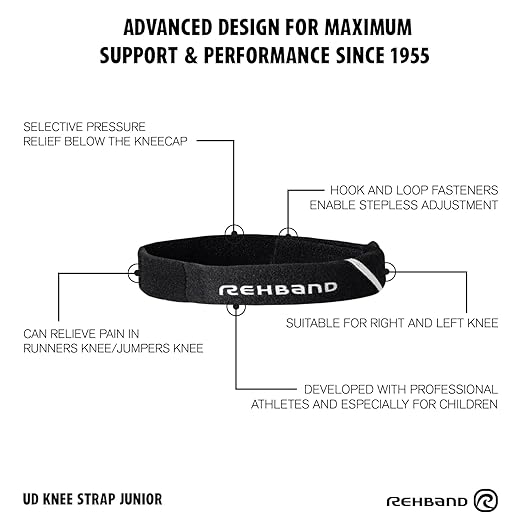 Rehband patella knee strap children, patella support band junior, pressure pad patella for runners knee and patella tip syndrome relieves pain, Colour:Black, Size:One Size