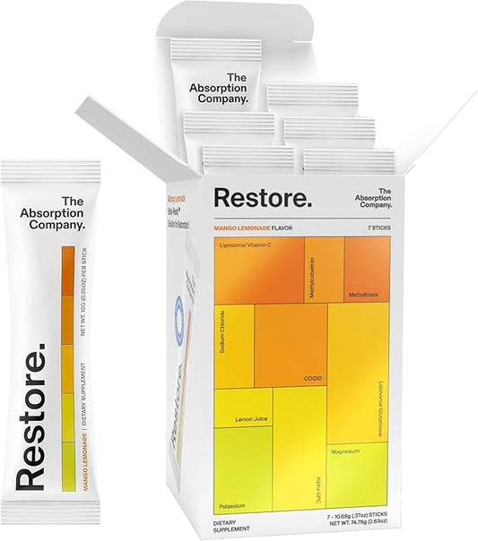 Electrolyte Powder Packets - Workout Recovery & Hydration Drink Mix with Liposomal Glutathione, Vitamin C & Methylated B Vitamins - Mango Lemonade (7 Sticks)