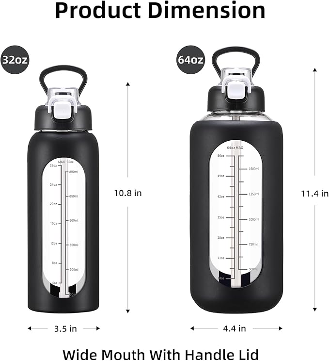 64 oz Glass Water Bolttles with Straw Half Gallon Large Motivational Water Bottle with Time Marker Sports Water Bottles with Silicone Sleeve and Handle Lid Water Jug for Gym Workout