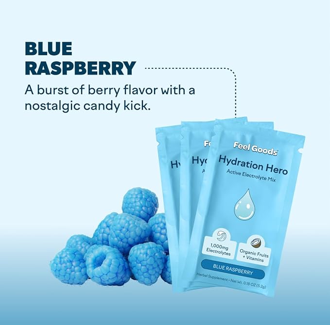 Feel Goods Hydration Hero, 1,000mg Electrolytes Powder, Sugar Free, Magnesium, Organic Aloe Vera, L Theanine, Vitamin C & B12, Keto, Vegan, Electrolyte Packets, Blue Raspberry, 15 Count