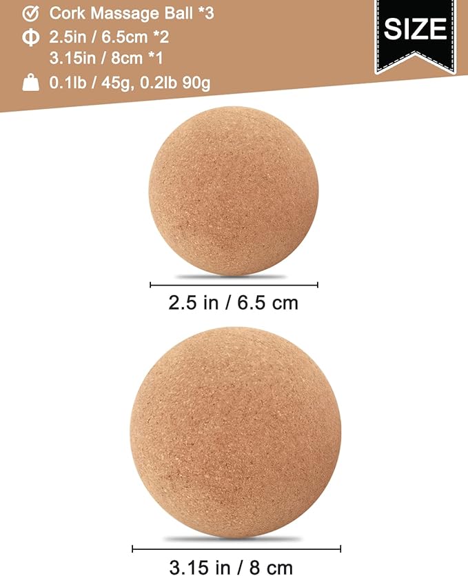 KITWILD Cork Massage Ball Set, High Density Fine Particles Massage Ball for Deep Tissue Muscle Massage, Myofascial Release, and Yoga Therapy, 2.5''+2.5''+3.15'' Lightweight Lacrosse Massage Balls