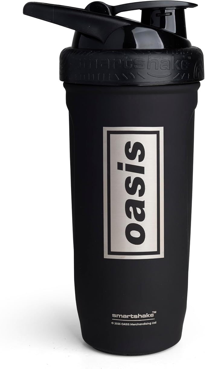 Smartshake Rockband Reforce Stainless Steel Protein Shaker Bottle 900 ml | 30 fl oz - Leakproof Screw-on Lid - BPA Free – Not Insulated - Unisex - Oasis Logo on Bottle