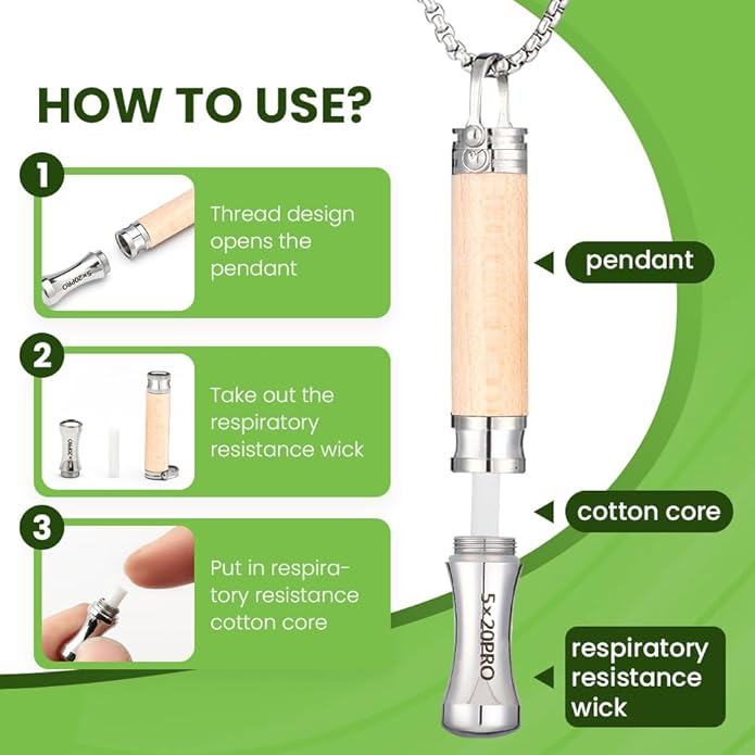 Breathing Necklace to Quit Smoking, Wood Breathing Necklace for Anxiety, Stress Relief, Stop Smoking, Includes Replaceable Unscented Cotton Filters