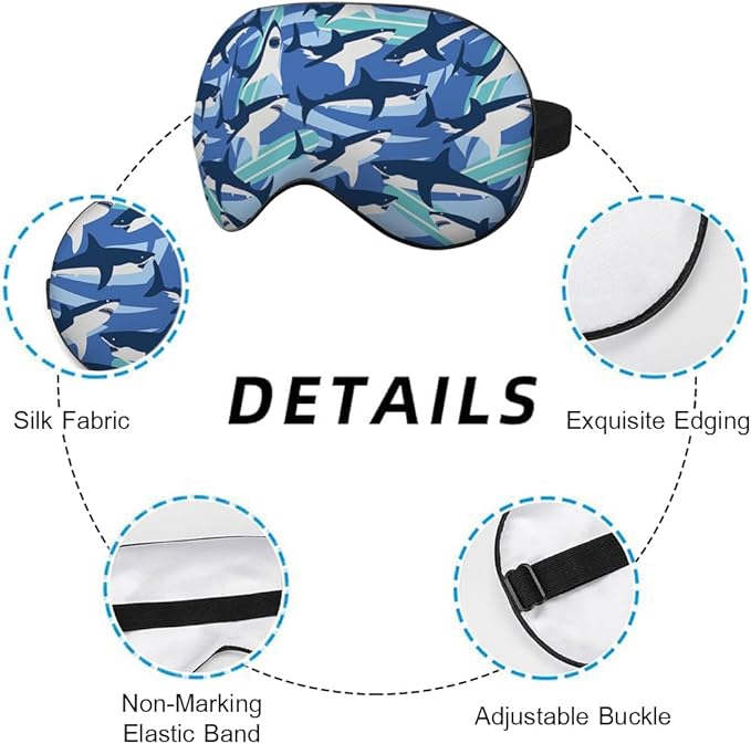 Blue Sharks Sleep Mask Eye Mask Ocean Sea Animal Fish Marine Funny Cute Wildlife Surfboard Sleep Mask Light Blocking Adjustable Smooth Soft for Women Deep Rest Travel