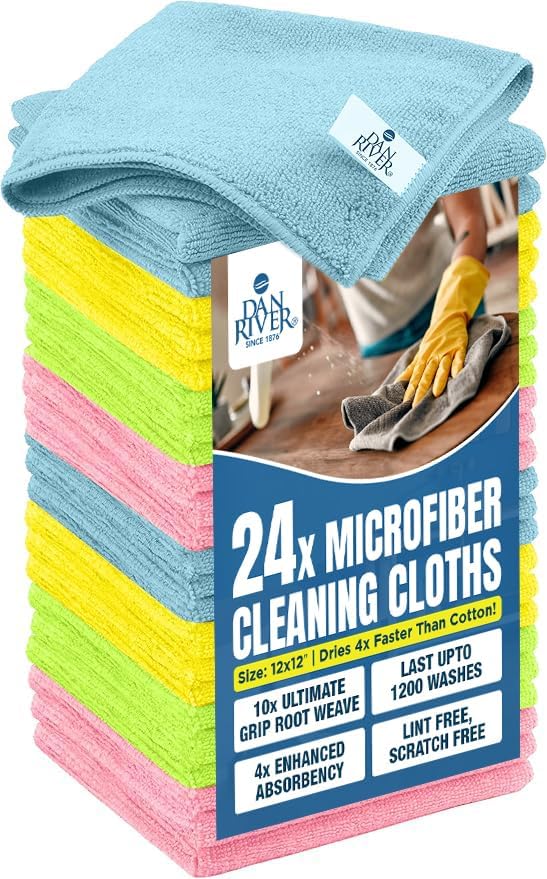 DAN RIVER 24-Pack Microfiber Towels โ Ultra Absorbent, Lint-Free & Streak-Free Rags for Cleaning House, Car & Kitchen - Must-Have Cleaning Essentials - 12" x 12" - Assorted