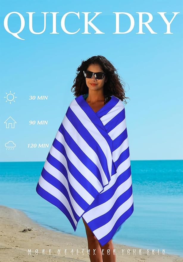 2 Pack Microfiber Lightweight Thin Beach Towel Sand Free Quick Dry Super Absorbent Large Towels for Swimming Pool Yoga Gym Travel Vacation Beach Accessories Essentials Stripes