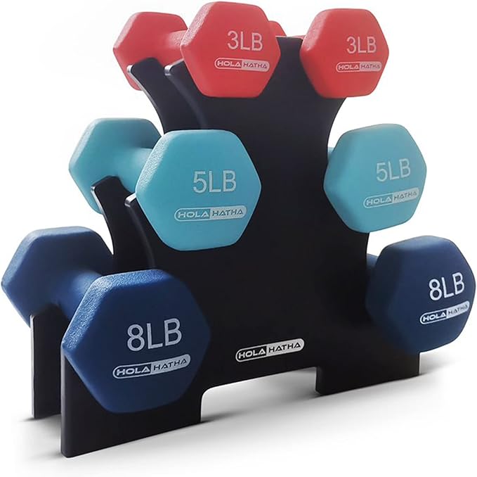 HolaHatha 2, 3, 5, 8, and 10 Pound Neoprene Dumbbell Free Hand Weight Set with Rack, Ideal for Home Exercises to Gain Tone and Definition, Pastel