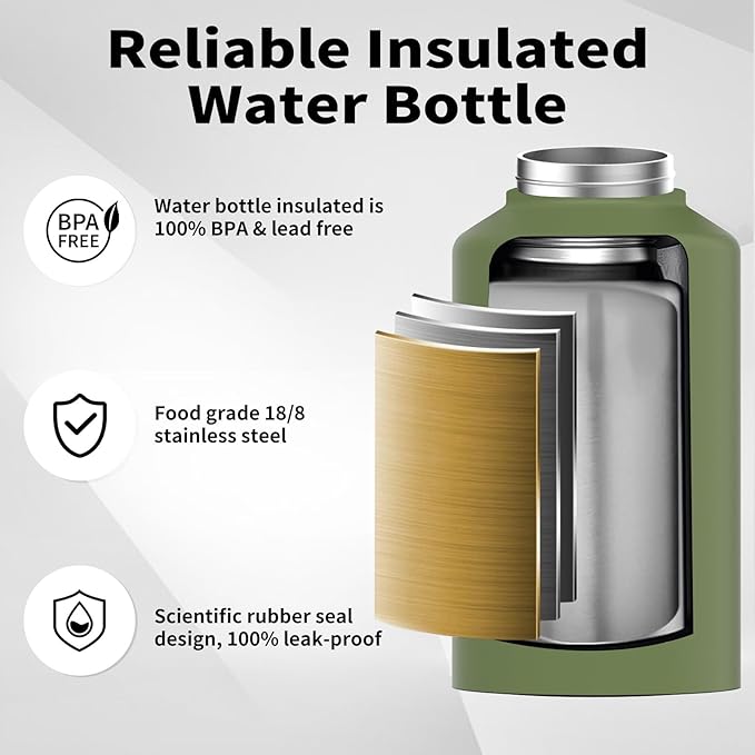 2/3 Gallon Water Bottle Insulated(Cold for 48 Hrs),BPA Free&Leak Proof,87oz Stainless Steel Water Jug/Flask,Big thermo,Large Water Bottle with Handle for Gym,Hiking,Camping,Olive Green