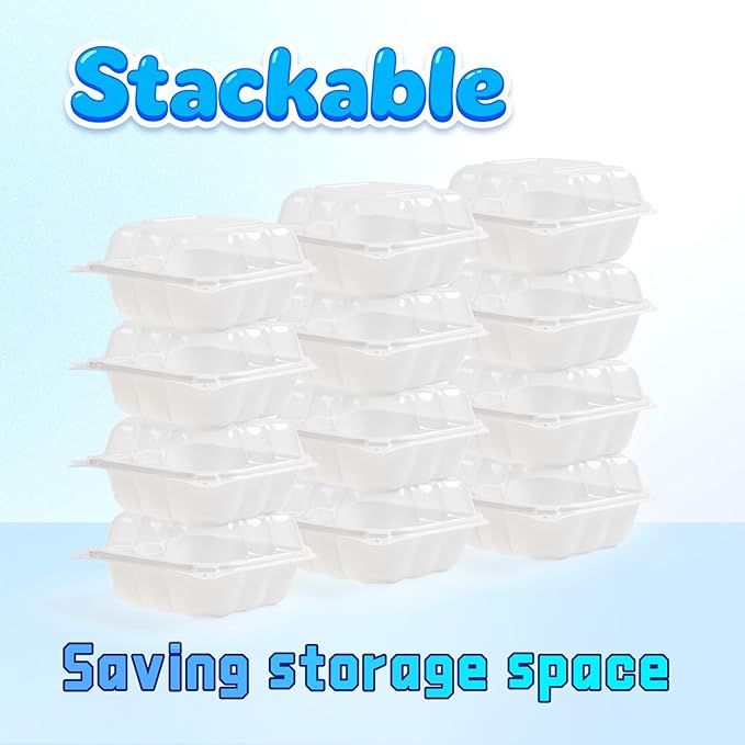 YANGRUI Food Containers 6" 17 oz 55 Pack - Reusable Crystal View Fog Resistant Lid BPA Free Pure PP Plastic Burger Box | Shrink Sealed Hygienic Freezer & Microwave Safe | White Sushi Takeout Container