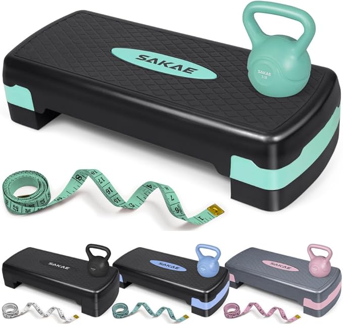 SAKAE Step Aerobics Platform Set with Kettlebell & Measuring Tape, Aerobic Steppers for Exercise at Home, Adjustable Height 2 Level Risers Workout Step Trainer with Non-Slip Surface, Multiple Colors