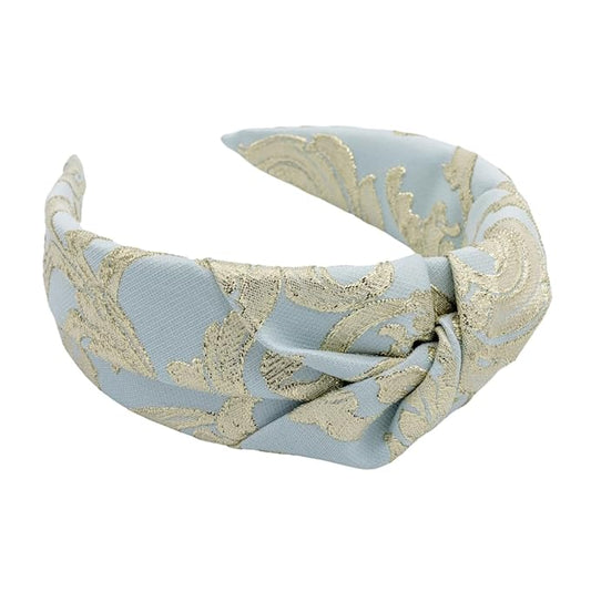 Knotted Headband for Women (Light Blue Baroque), Wide Modern Knotted Headband in Light Blue and Silver Baroque Pattern
