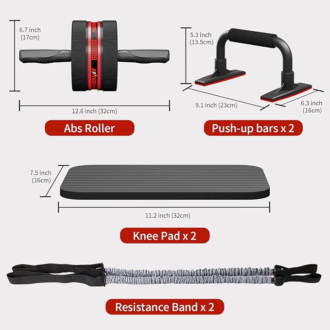 Ab Rollers Wheel Kit, Exercise Wheel Core Strength Training Abdominal Roller Set with Push Up Bars, Resistance Bands, Knee Mat Home Gym Fitness Equipment for Abs Workout