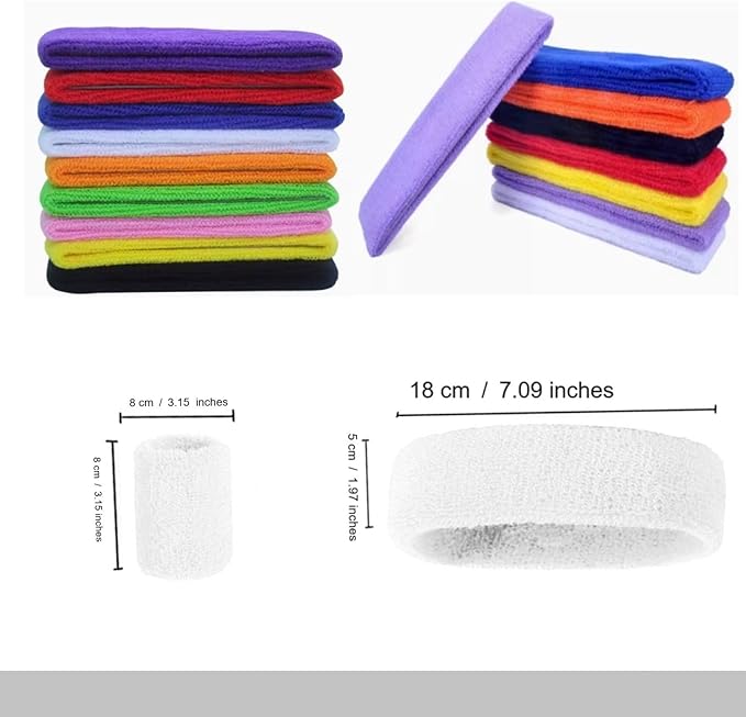24 Pcs Neon Sweatbands Set Include 8 Pcs Sports Headband and 16 Pcs Cotton Wristbands 80s Neon Sweat Bands Bulk for Gym, Tennis, Basketball, Running, Exercise
