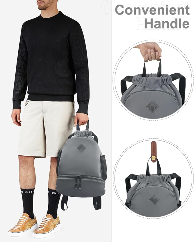 Drawstring Backpack Gym Backpack with Shoe Compartment for Men Women String Sports Bag with Wet Pocket Cinch Swim Beach Bag, Gray (Patent Pending)