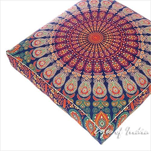 Eyes of India - Mandala Floor Pillow Cover Meditation Cushion Seating Throw Hippie Round Colorful Decorative Bohemian Indian Pouf Ottoman Handmade Cover ONLY (Dark Blue-2, 35" x 35")