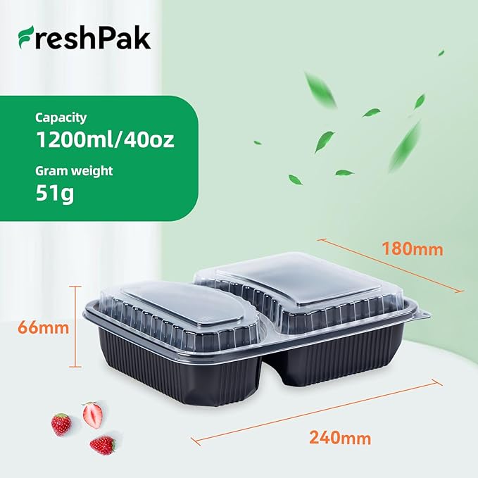 FRESHPAK Takeout Containers Reusable 40 Pack 40oz - Shrink Wrap Leakproof | Portion Control Leftovers Plastic Container with Lid | BPA Free Freezer & Microwave Safe Meal Prep | 2 Compartment Lunch Box