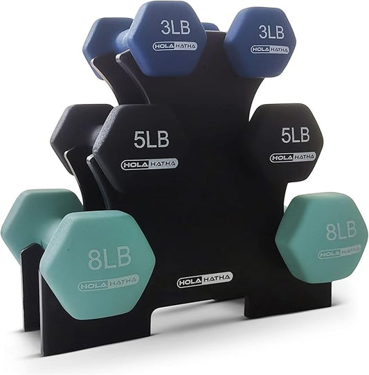 HolaHatha 2, 3, 5, 8, and 10 Pound Neoprene Dumbbell Free Hand Weight Set with Rack, Ideal for Home Exercises to Gain Tone and Definition, Pastel