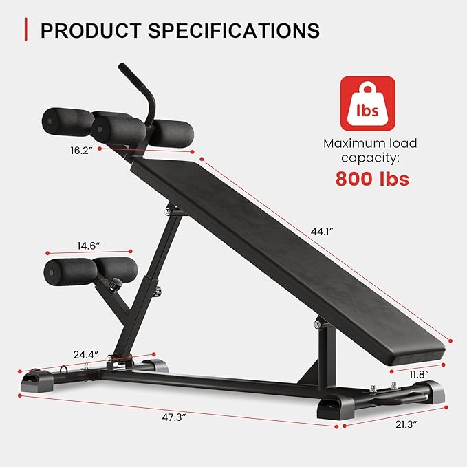 Sit-Up Bench for Core Workouts and Decline Bench Press, Adjustable Weight Bench with Reverse Crunch Handle, Abdominal Workout and Bulgarian Split Squat Equipment