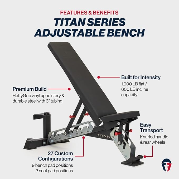Titan Fitness TITAN Series Adjustable Bench, Supports 600 LB Incline, 1,000 LB Flat, Versatile Single Post Utility Workout Bench for Home Gym, Weightlifting, Strength Training