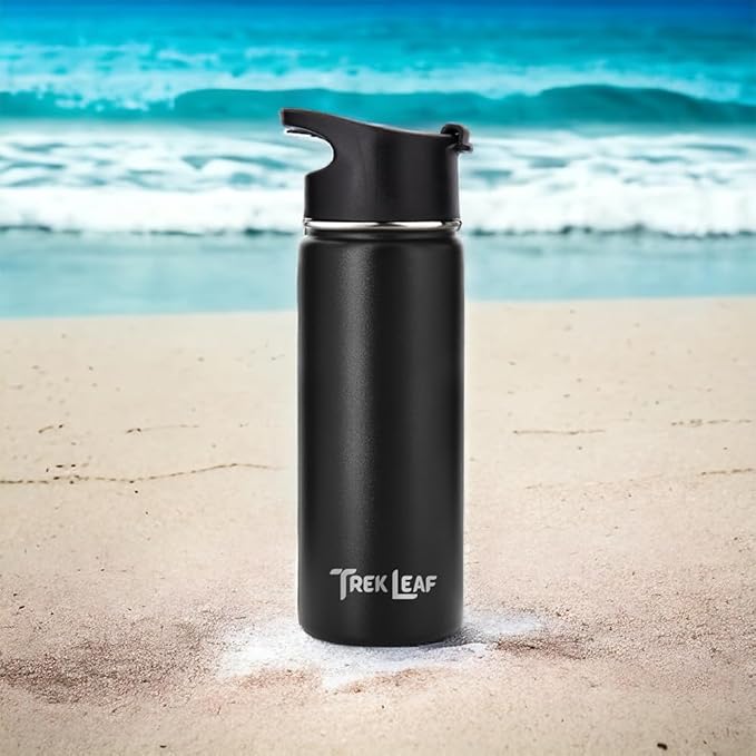 Travel Water Bottle with 3 Lids (Spout, Straw, Flip) Leak Proof, Quality, Vacuum Insulated, Stainless Steel (Black, 18 oz)
