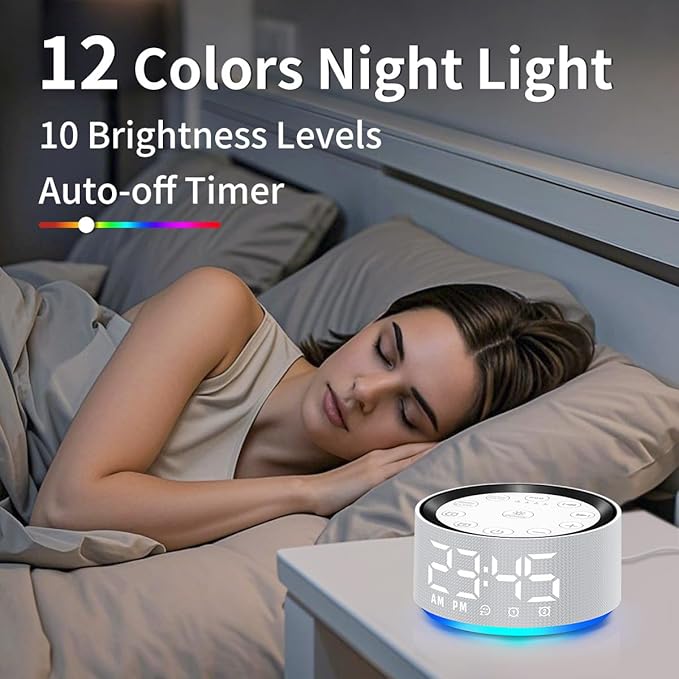 Brown Noise Machine Bedroom Alarm Clock Sound White Noise Machine Night Light with 30 Sleeping Sounds for Baby Kids Adults 2 Alarms Backup Battery 32-Level Vol 15 Wake up Sounds for Mild Heavy Sleeper