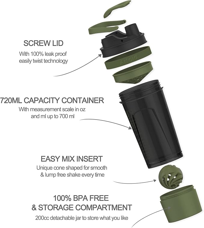 Artoid Sports Protein Shaker Bottle, 24-Ounce, Dual Mixing Technology, BPA Free, Black/Moss Green