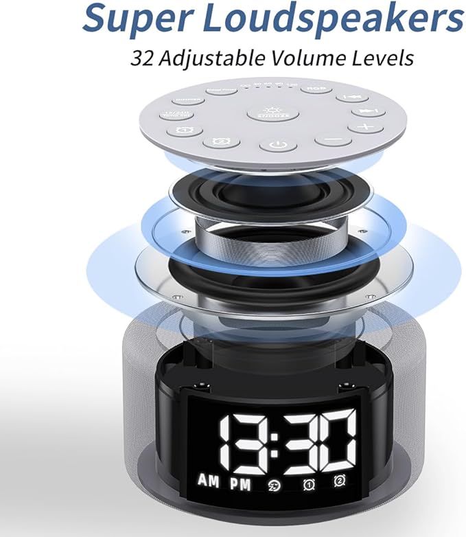 Sound Machine Night Light White Noise Brown Noise Machine Alarm Clock with Dual Alarms Backup Battery 30 Sleeping Sounds for Baby Kids Adults 32 Level Volume 5 Timers 15 Wake Up Sounds Memory Function