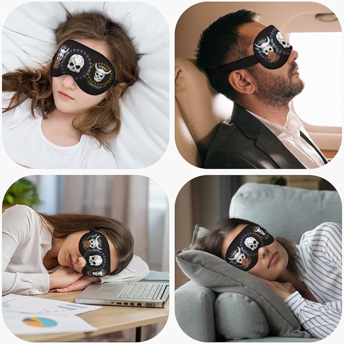 Skulls Heads Sleep Eye Mask Long Ship Pirate Stars Ring Halloween Purple Black Silk Sleeping Soft Eye Shade Cover for Men Women Boy Girl Airplane Travel with Elastic Strap