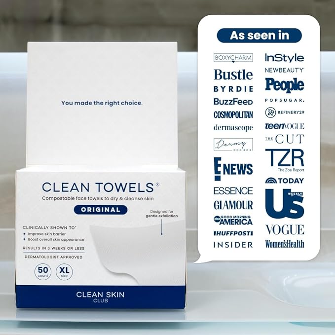Clean Skin Club Clean Towels XL®, 100% USDA Biobased Face Towel, Disposable Face Towelette, Eczema Association Accepted, Makeup Remover Dry Wipes, Ultra Soft, 50 ct per pack, 2 Packs, 100 Ct Total