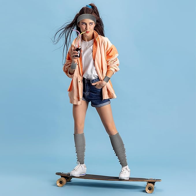 Hillban 4 Set 80s Leg Warmer Workout Set Women Men Neon Headband Rainbow Wristband Outfit Halloween 80s 90s Accessories