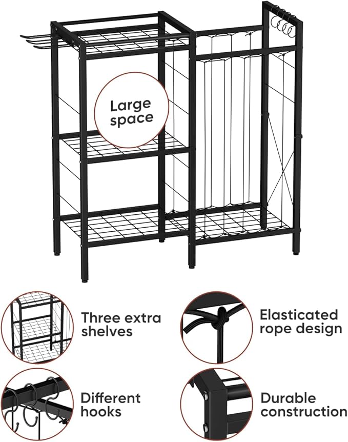 3 Tiers Dumbbells Yoga Mat Storage Rack with Elastic Straps for Kettlebells Foam Roller Resistance Bands Balls, Workout Equipment Organizer Weight Storage Holder with Hooks for Home Gym