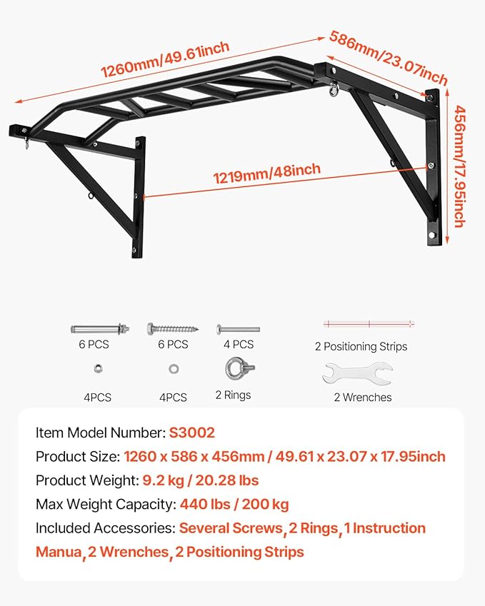 VEVOR Pull Up Bar, Multi-Grip Wall Mounted Pull Ups, 50 in Width Multifunctional Chin Up Training Station, Heavy Duty Steel Upper Body Workout Bars with Hangers, 440 lbs Weight Capacity, for Home Gym