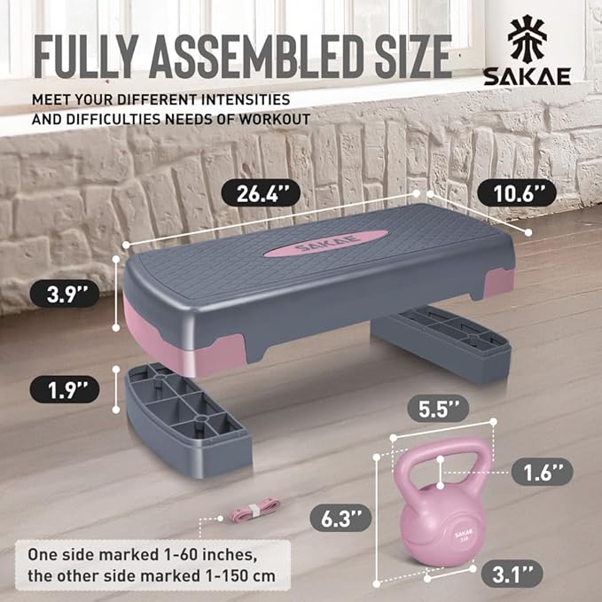 SAKAE Step Aerobics Platform Set with Kettlebell & Measuring Tape, Aerobic Steppers for Exercise at Home, Adjustable Height 2 Level Risers Workout Step Trainer with Non-Slip Surface, Multiple Colors